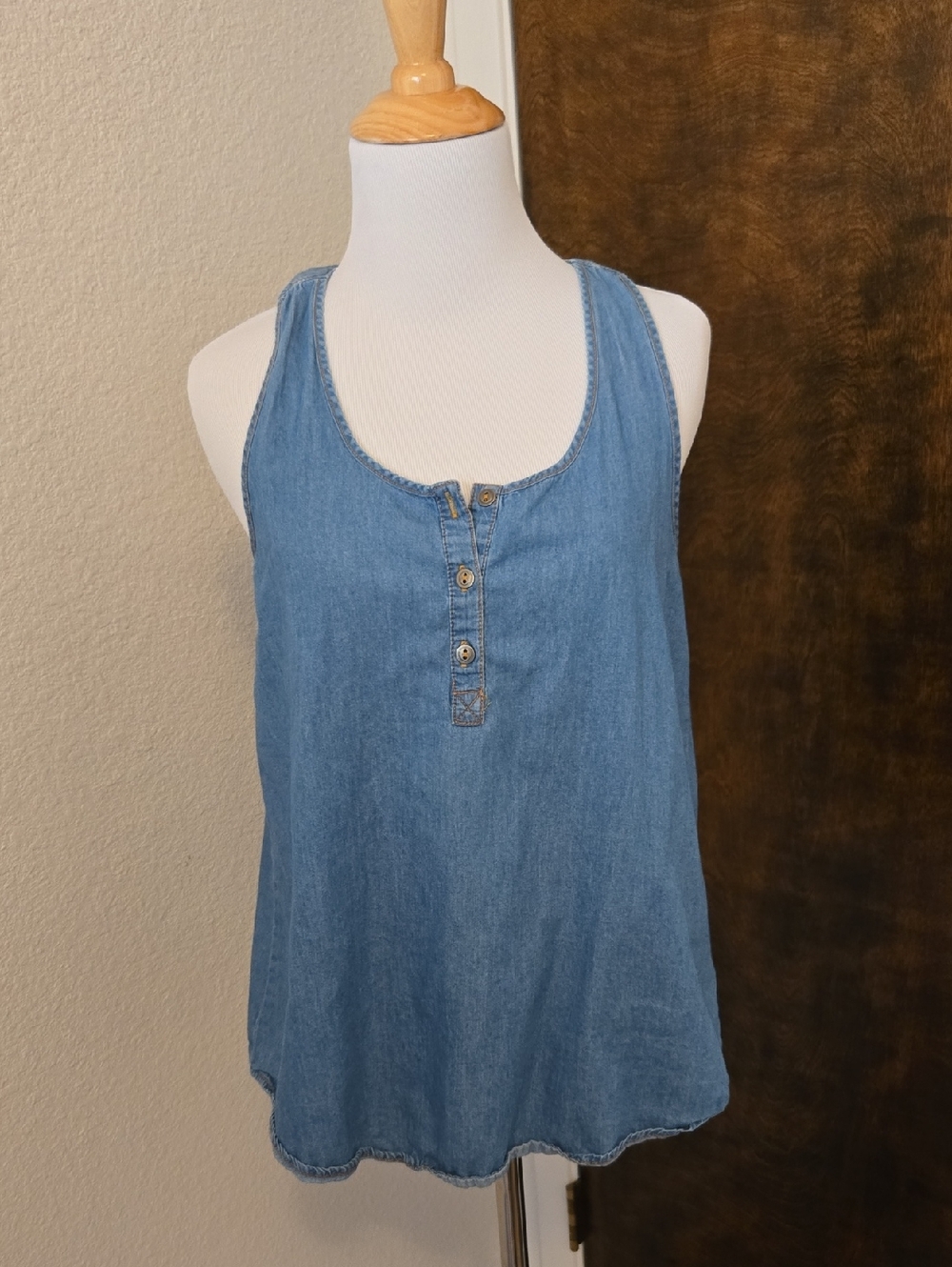 mine Light Blue Denim-Style Henley Tank Top